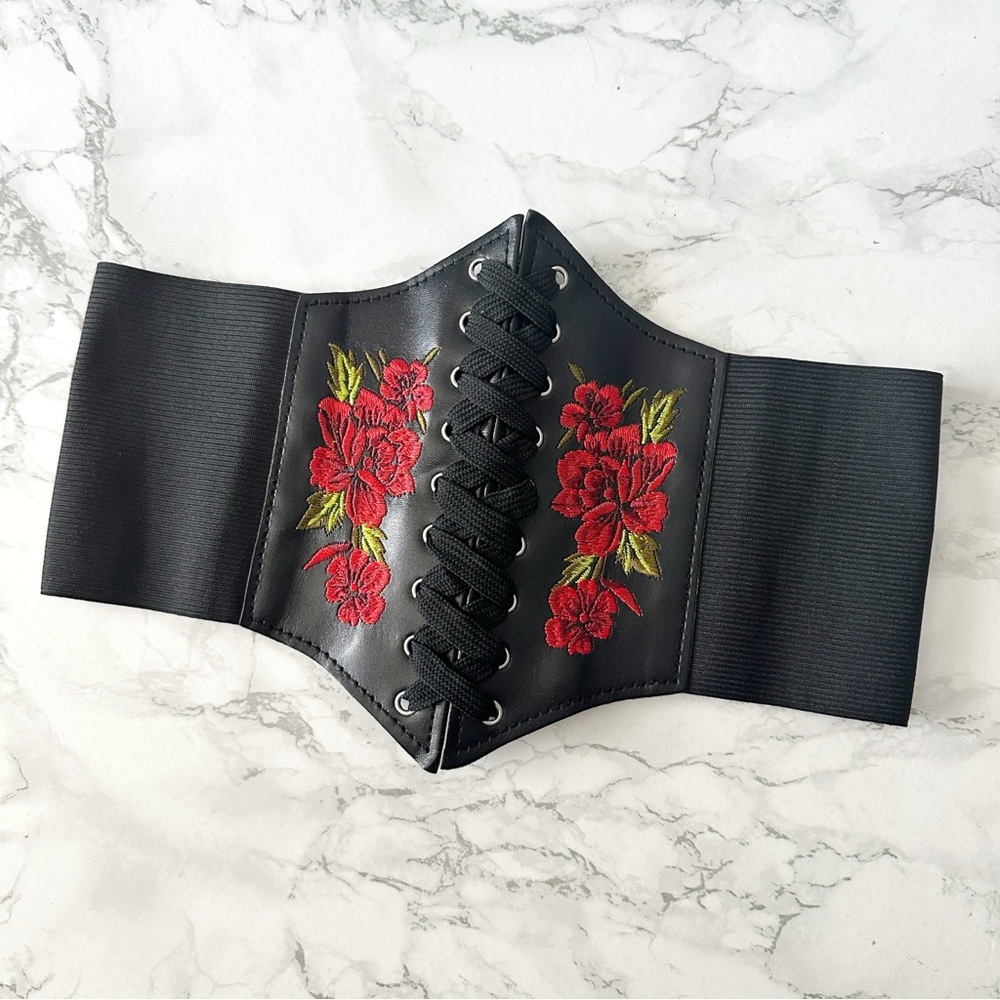 Corset Style Rose Embroidered Black Faux Leather Wide Waist Belt Lace Up Front - Picture 6 of 10